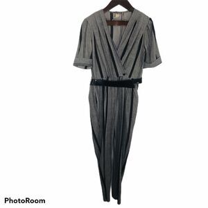 Vintage Striped Jumpsuit Pants Belted 70s M 12 80s Retro Business Suit